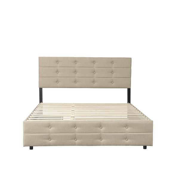 Queen Size Upholstered Platform Bed Frame with 4 Storage Drawers, Adjustable Linen Headboard, Wooden Slats Support, No Box Spring Needed, Easy Assembly, Light Beige