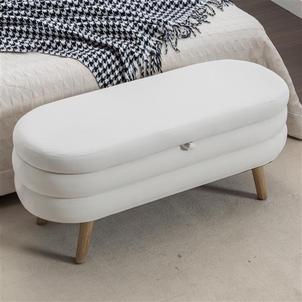 036-Velvet Fabric Storage Bench Bedroom Bench With Wood Legs For Living Room Bedroom Indoor,Ivory