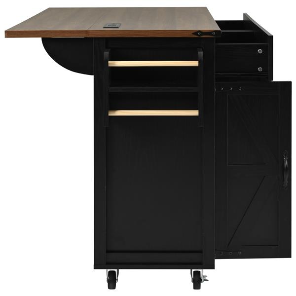 53.5''Farmhouse Kitchen Island with Power Outlet, Kitchen Storage Island with Drop Leaf, Spice Rack and Drawer, Rolling Kitchen Cart on Wheels, for Home, Kitchen and Dining Room, Black