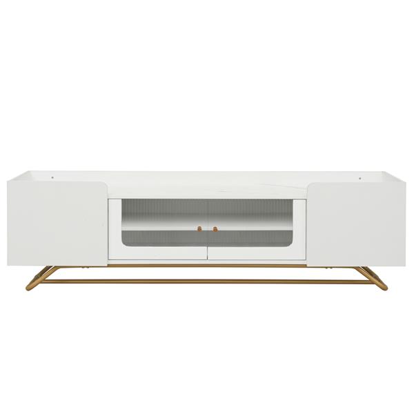 Sleek Design TV Stand with Fluted Glass, Contemporary Entertainment Center for TVs Up to 70", Faux Marble Top TV Console Table with Gold Frame Base, White