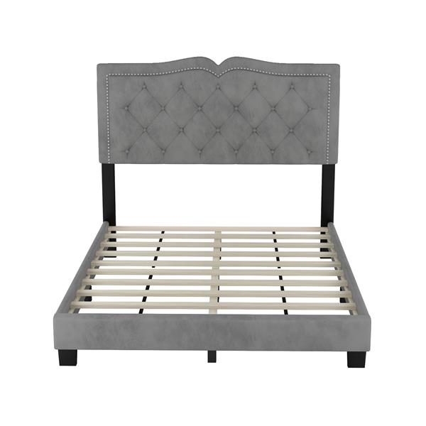 Full Size Upholstered Bed Frame with Rivet Design, Modern Velvet Platform Bed with Tufted Headboard,Gray