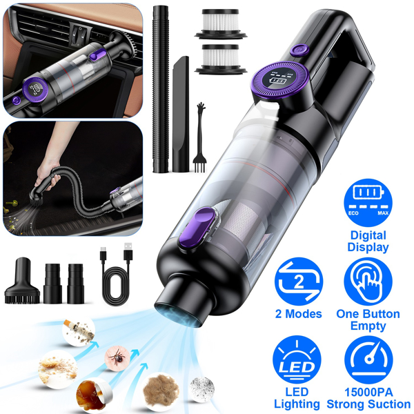 3 In 1 Handheld Vacuum Cleaner Cordless Car Vacuum 15000PA Rechargeable Duster with 2 Modes 2 Washable Filters Digital Display