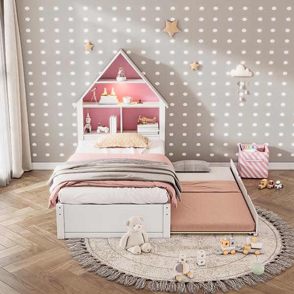 Twin Size House-Shaped Bed with Bookcase Headboard and Led Light and Twin Size Trundle for Kids Boys Girls, Pink+ White