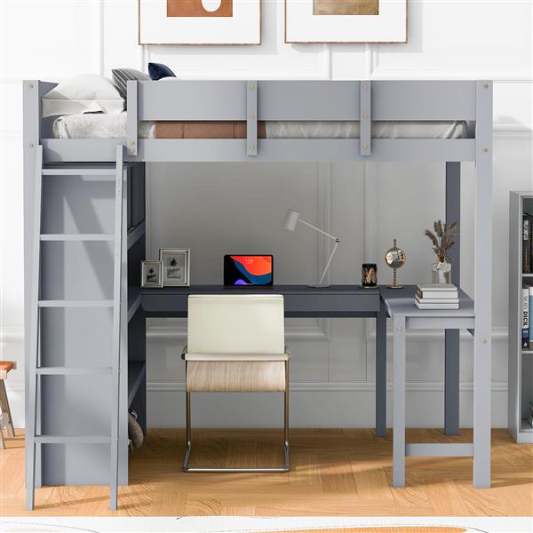 Full Size Loft Bed with Desk and Shelf - Gray