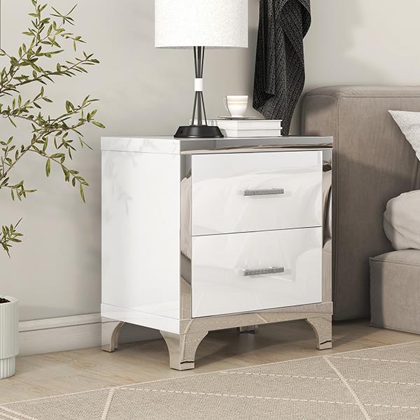 Elegant High Gloss Nightstand with Metal Handle,Mirrored Bedside Table with 2 Drawers for Bedroom,Living Room,White