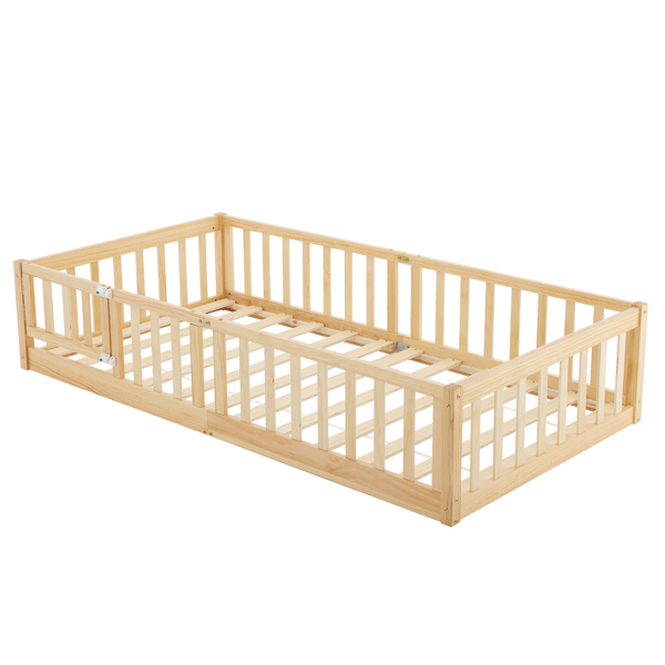 Fence bed with door and decking, natural wood color, painted surface, pine wood, twin children's bed