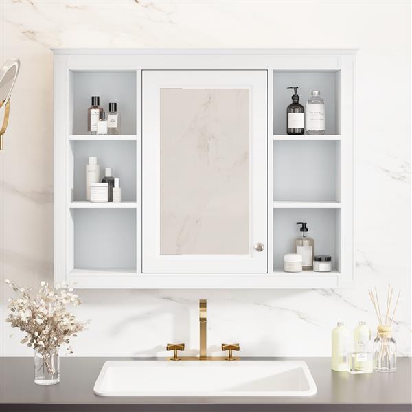 35'' x 27.5'' Medicine Cabinet, Wall Mounted Bathroom Storage Cabinet, Modern Bathroom Wall Cabinet with Mirror, Mirror Cabinet with 6 Open Shelves (Not Include Bathroom Vanity )