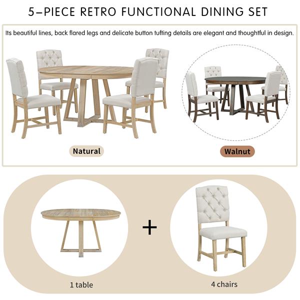 5-Piece Retro Functional Dining Set, Round Table with a 16"W Leaf and 4 Upholstered Chairs for Dining Room and Living Room (Natural)