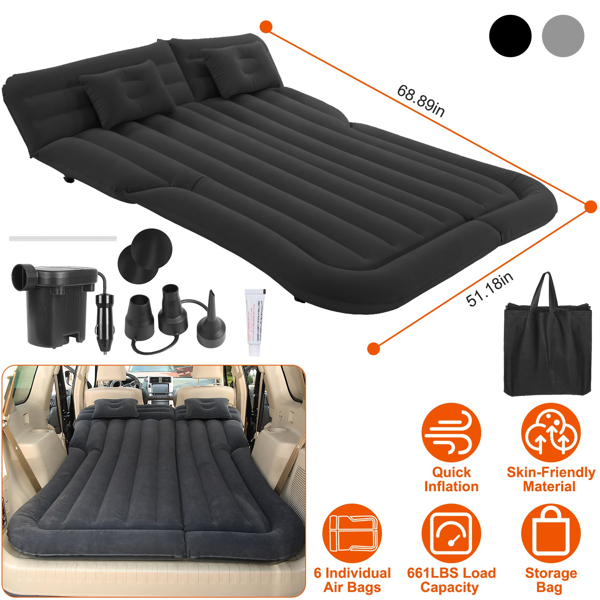 Air Mattress,SUV Air Mattress Thickened Camping Bed Cushion with Pillow Air Pump Storage Bag PVC Flocked Car Bed for Home Car Travel Camping (black)