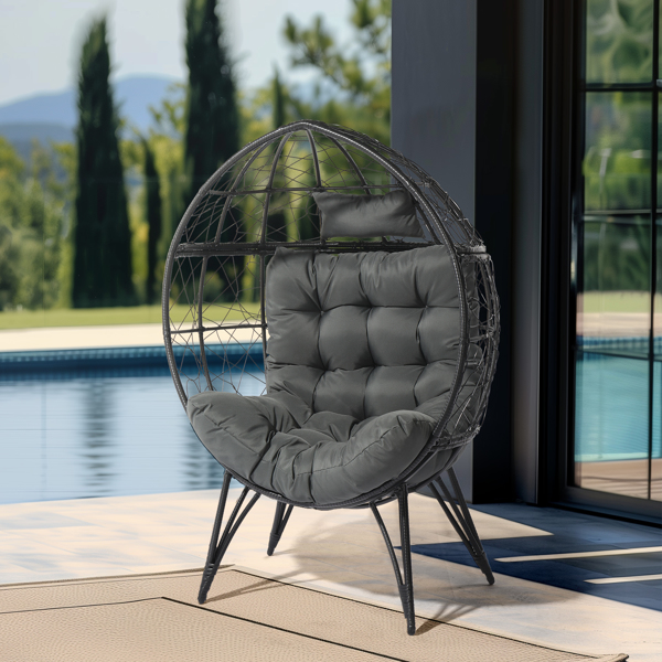 Wicker Egg Chair, Oversized Indoor Outdoor Lounger with Soft Cushions, Teardrop Cuddle Seat for Patio Porch Backyard Living Room Balcony, Black Rattan & Grey Cushion