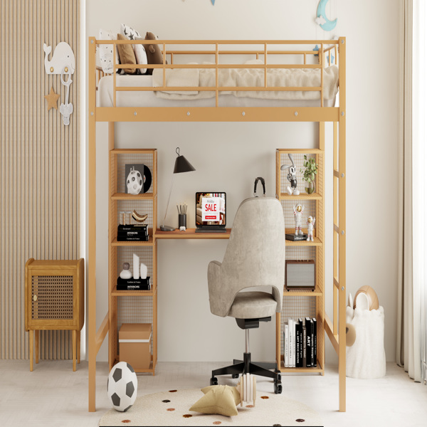 Full Size Metal Loft Bed with Built-in Desk and Shelves, Gold+Brown