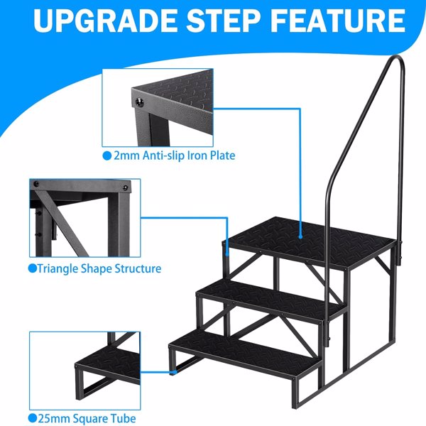 RV Step Stool, 3 Step Ladder, Hot Tub Steps with Handrail, Portable Pool Ladder, 660Lbs Heavy Duty Ladder Shelf Outdoor Mobile Home Stairs for Camper/Porch/SPA Pool/Pet Stairs