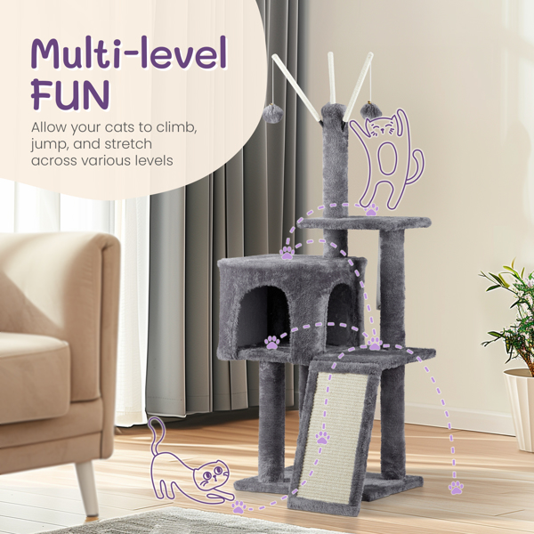 49 inch Cat Tree Cat Tower for Indoor Cats, Cat House with Padded Platform Bed, Toy Balls, Large Cozy Condo and Scratch Board, Dark Grey