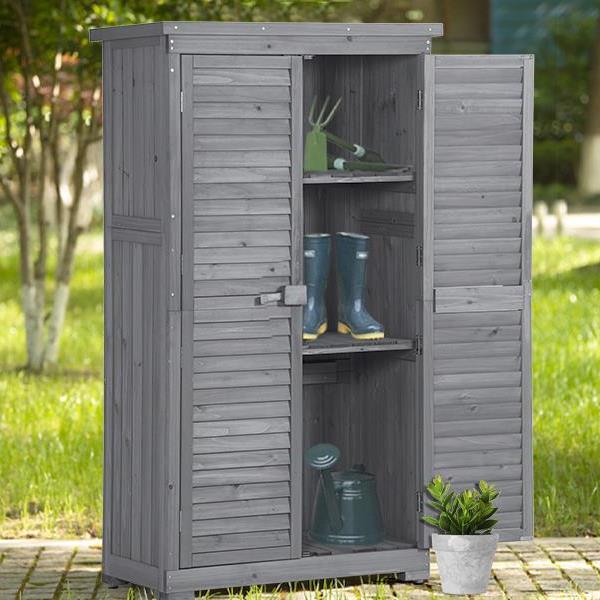 Wooden Garden Shed 3-tier Patio Storage Cabinet Outdoor Organizer Wooden Lockers with Fir Wood (Gray Wood Color -Shutter Design)