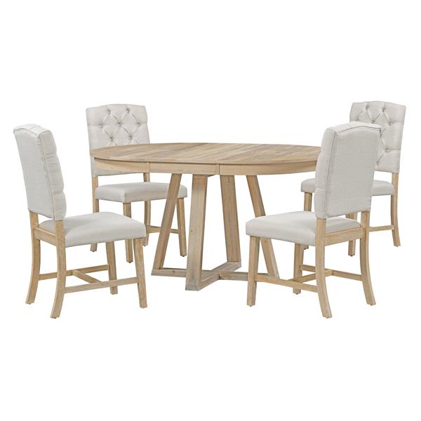 5-Piece Retro Functional Dining Set, Round Table with a 16"W Leaf and 4 Upholstered Chairs for Dining Room and Living Room (Natural)