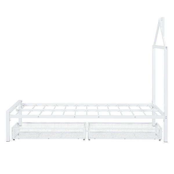 Twin Size Metal Platform Bed with two drawers,House-Shaped Headboard Design, White