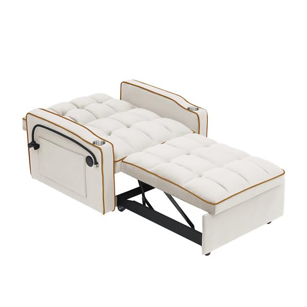 1 versatile foldable sofa bed in 3 lengths, modern sofa sofa sofa velvet pull-out bed, adjustable back and with USB port and ashtray and swivel phone stand creamy white