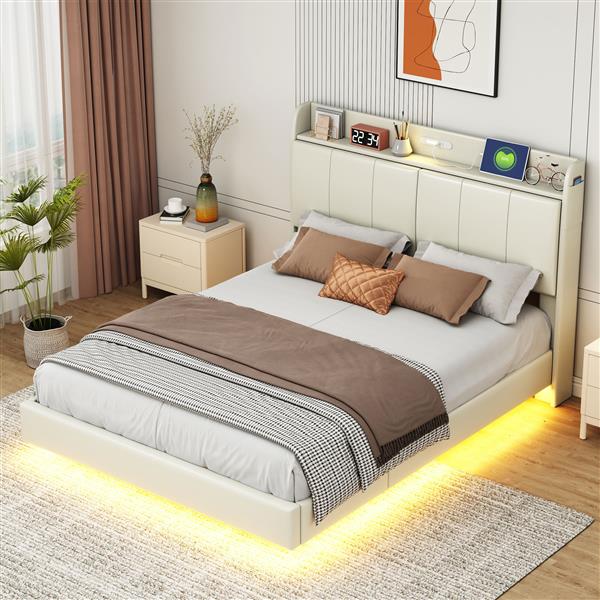 Queen Size Floating Bed Frame with Storage Headboard, Modern Upholstered Platform Bed with Touch Sensor Night Light and USB Charger, Beige