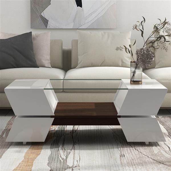 [VIDEO provided] 6mm Glass-Top Coffee Table with Open Shelves and Cabinets, Geometric Style Cocktail Table with Great Storage Capacity, Modernist 2-Tier Center Table for Living Room, White