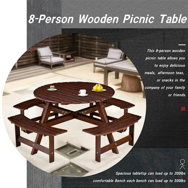 Outdoor 8 Person Picnic Table, 8 person Round Picnic Table with 4 Built-in Benches, Umbrella Hole, Outside Table and Bench Set for Garden, Backyard, Porch, Patio,  Brown