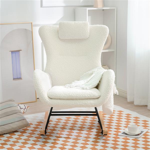 Rocking Chair Nursery, Teddy Upholstered Rocker Glider Chair with High Backrest, Adjustable Headrest & Pocket, Comfy Glider Chair for Nursery, Bedroom, Living Room, Offices, Rubber wood, white