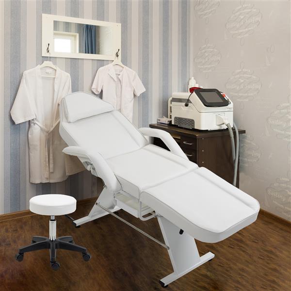 Massage Salon Tattoo Chair with Two Trays Esthetician Bed with Hydraulic Stool,Multi-Purpose 3-Section Facial Bed Table, Adjustable Beauty Barber Spa Beauty Equipment, White