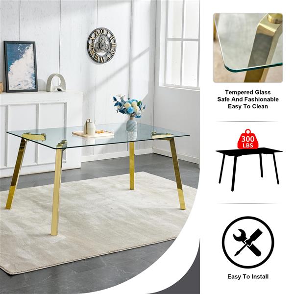 Modern minimalist style rectangular glass dining table with tempered glass tabletop and golden metal legs, suitable for kitchen, dining room, and living room, 63 inches * 35.4 inches * 30 inches