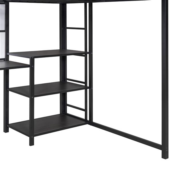 Full Size Loft Bed with Desk and Whiteboard, Metal Loft Bed with 3 Shelves and Ladder, Black