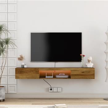 Wall Mounted Floating 65\\" TV Stand with 16 Color LEDs-brown