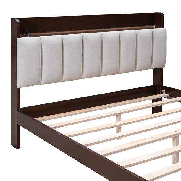 Full size Platform Bed with USB Charging Station and Storage Upholstered Headboard,LED Bed Frame,No Box Spring Needed,Walnut+Beige