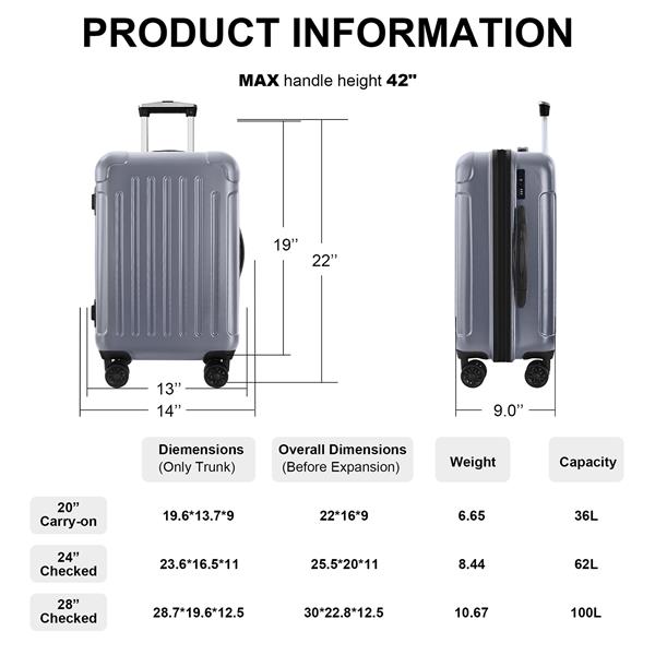 Luggage 3 Piece Sets with Spinner Wheels ABS+PC Lightweight (20/24/28), Grey