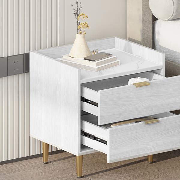 Wooden Nightstand with 2 Drawers and Marbling Worktop, Mordern Wood Bedside Table with Metal Legs&Handles,White