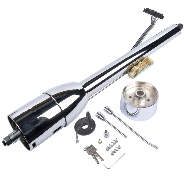 Chrome 28" Tilt Street Rod Floor Shift Steering Column with Key, 9-Hole Adapter