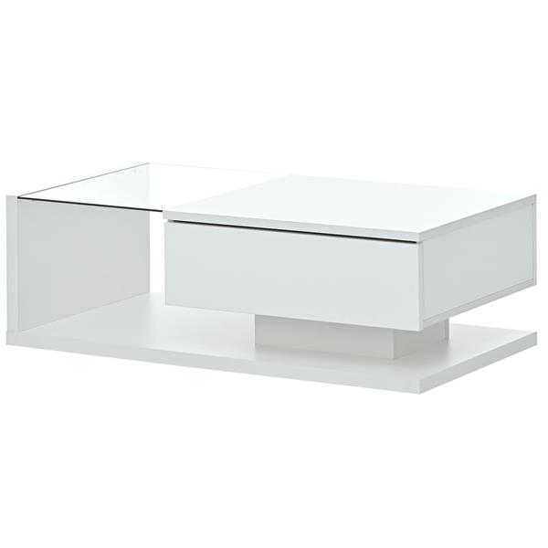 [VIDEO provided] Modern Coffee Table with Tempered Glass, Wooden Cocktail Table with High-gloss UV Surface, Modernist 2-Tier Rectangle Center Table for Living Room, White