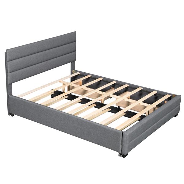 Queen Upholstered Platform Bed with Twin Size Trundle and Two Drawers,Grey