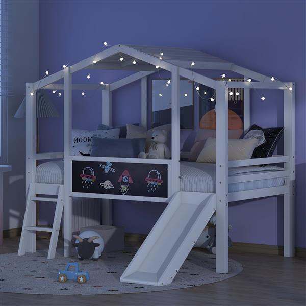 Twin Size Loft Bed with Ladder and Slide, House Bed with Blackboard and Light Strip on the Roof, White