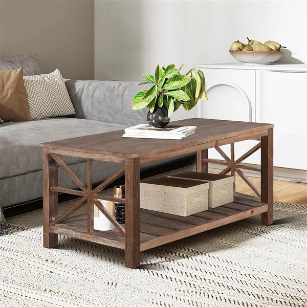 47 Inch Modern Coffee Table with Storage Shelf, Farmhouse Rectangle Living Room Center Table for Small Spaces(Antique Brown)