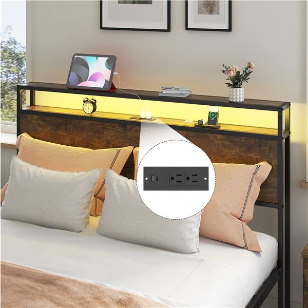 Full Bed Frame with LED Lights and Charging Station - Robust Metal  Wood Construction, Rustic Wood Platform Bed Frame with 2 Drawers, No Box Spring Needed, Noise Free, Vintage Brown, Easy Assemble