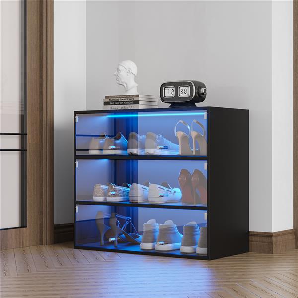 Black Glass Door Shoe Box Shoe Storage Cabinet  With RGB Led Light