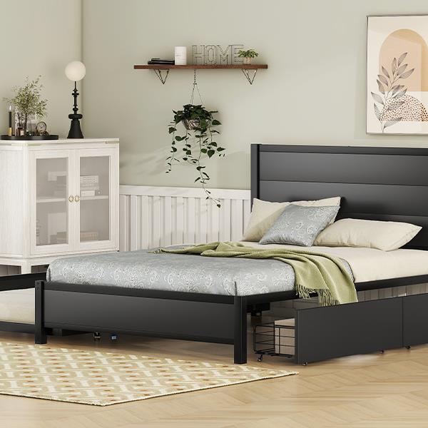 Metal Full Size Storage Platform Bed with Twin Size Trundle and 2 Drawers, Black