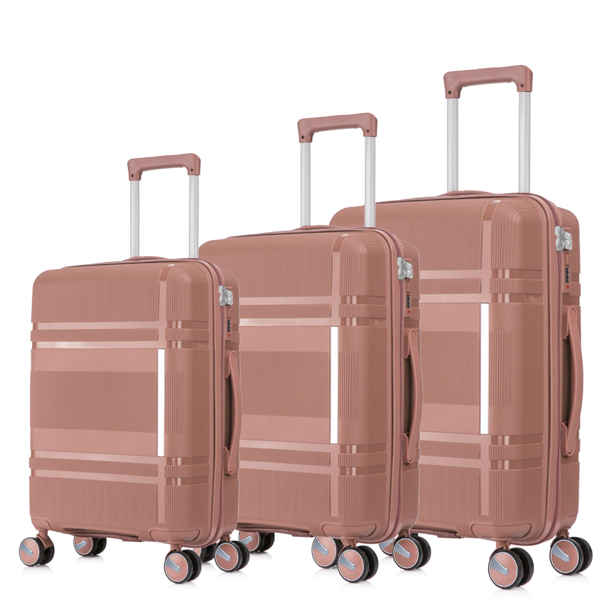 3 Piece Luggage Sets PP Lightweight Suitcase with Two Hooks, Spinner Wheels, (20/24/28) 2307  pink