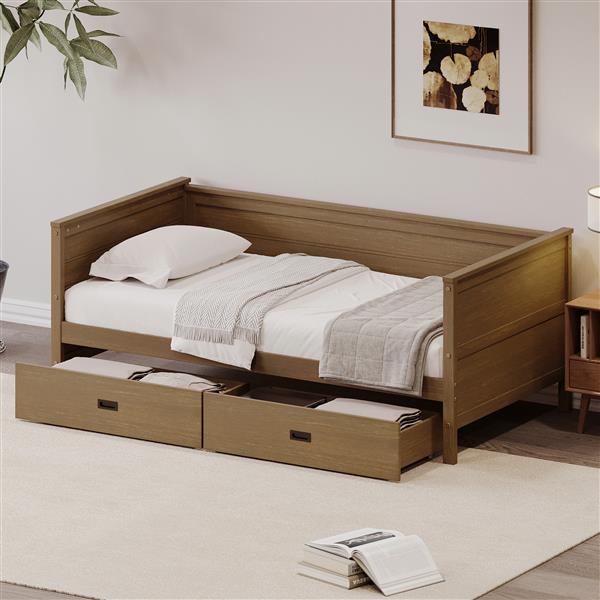 Twin Size Solid Wood Daybed with Two Drwaers for Kids Teens Dorm Bedroom Multipurpose Guest Room or Home, Walnut