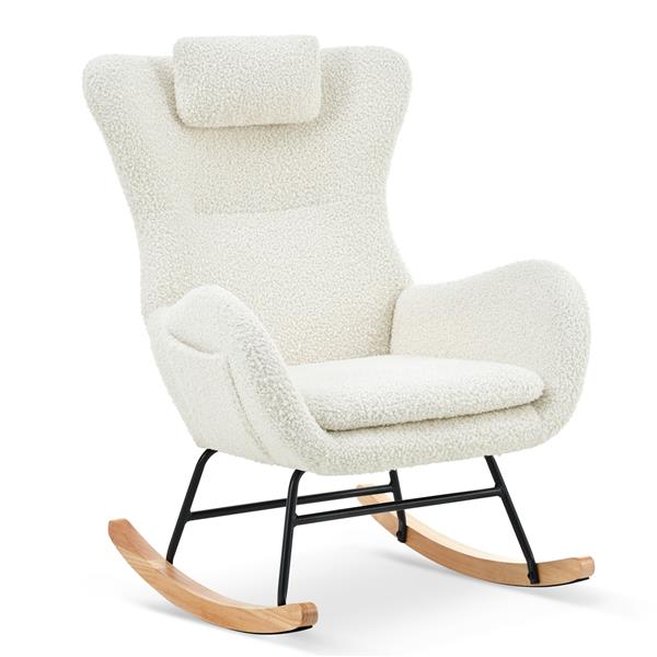 Rocking Chair Nursery, Teddy Upholstered Rocker Glider Chair with High Backrest, Adjustable Headrest & Pocket, Comfy Glider Chair for Nursery, Bedroom, Living Room, Offices, Rubber wood, white