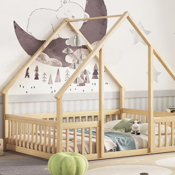 Full Wood House-Shaped Floor Bed with Fence, Guardrails,Natural