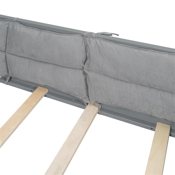 Wood Full Size Upholstered Platform Bed with Guardrail and Pillow, Gray