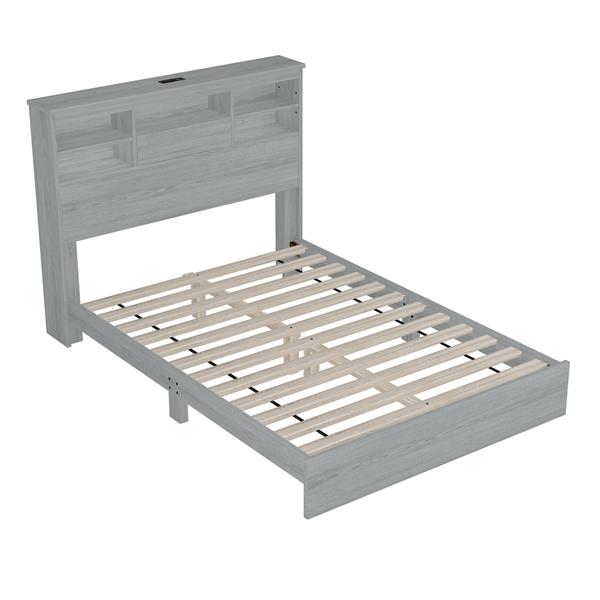 Queen Size Vintage Platform Bed,With Storage Headboard and Charging Station, Light Gray