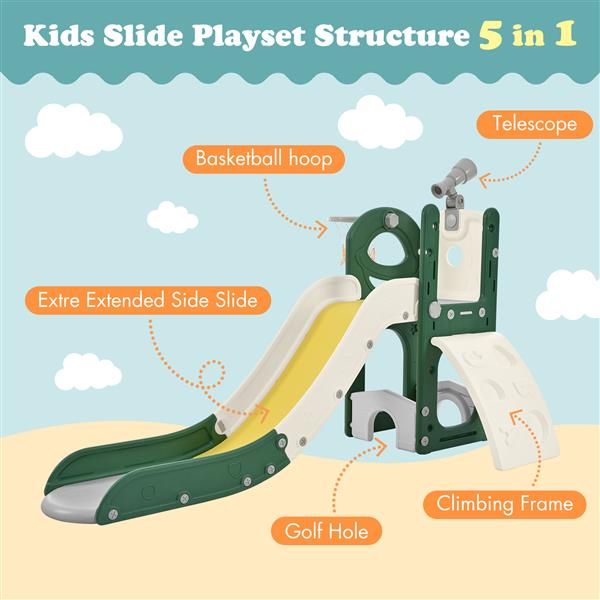 Kids Slide Playset Structure 5 in 1,   Spaceship Set with Slide, Telescope and Basketball Hoop, Golf Holes for Toddlers, Kids Climbers Playground