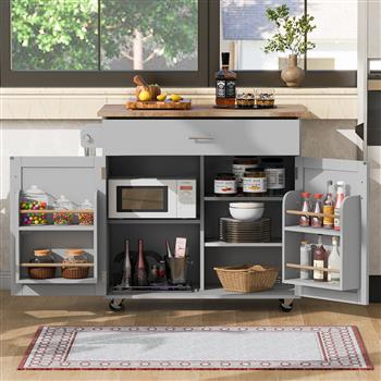 K&K Rolling Kitchen Island with Storage, Kitchen Cart with Rubber Wood Top, Spacious Drawer with Divider and Internal Storage Rack, Kitchen Island on Wheels with Adjustable Shelf Tower Rack, Grey