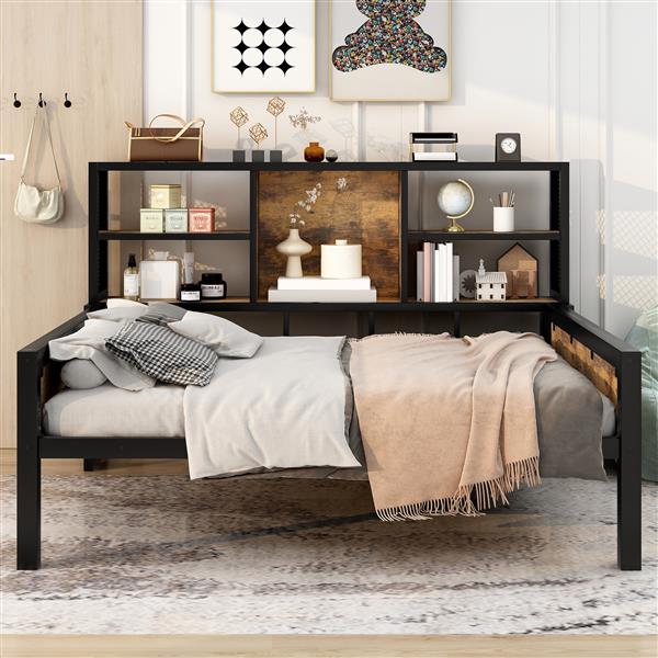 Full Size Cabin Daybed with Storage Shelves, Metal