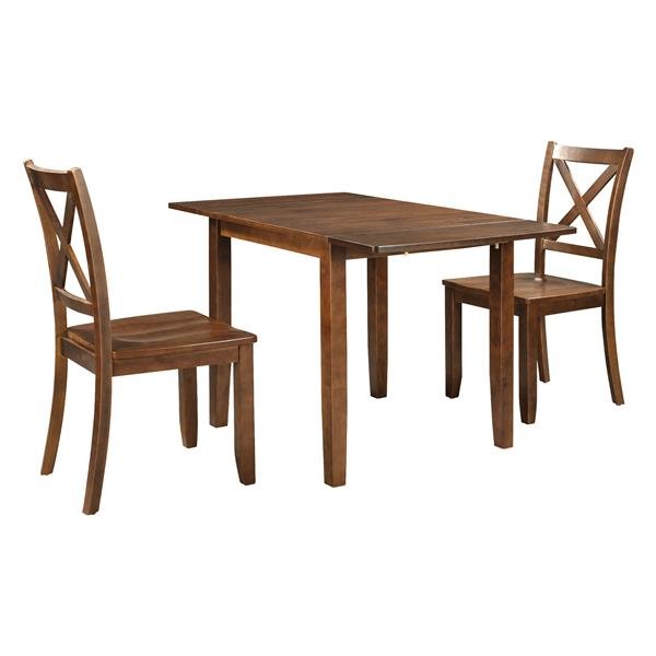 3-Piece Wood Drop Leaf Breakfast Nook Dining Table Set with 2 X-back Chairs for Small Places, Brown